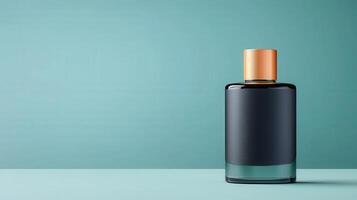 A bottle of perfume is sitting on a table photo