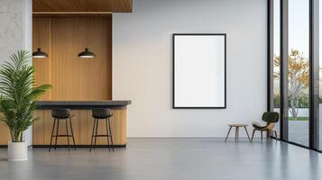 A white room with a black chair and a white picture frame photo