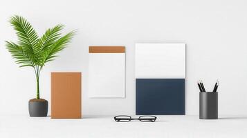 A white and blue poster sits on a table next to a potted plant photo
