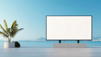 A large white billboard sits on a beach next to a palm tree photo
