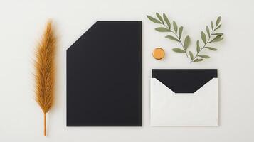 A black envelope sits on a white background with a leaf and a gold coin photo