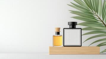 The bottles are of different sizes and colors, and the shelf is made of wood photo