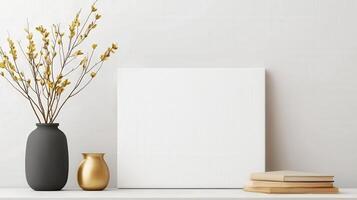 A white framed picture sits on a table next to a vase and a stack of books photo