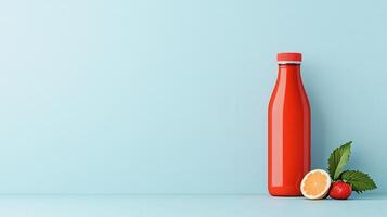 A bottle of juice is on a table with a strawberry and an orange photo