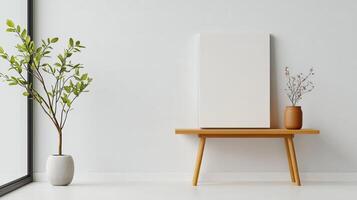 A white framed picture sits on a wooden bench in a room with a large window photo