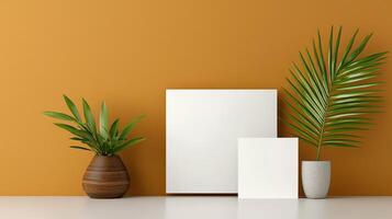 A white sign sits on a table next to a potted plant and a leafy plant photo