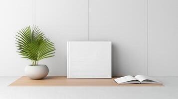 A white book sits on a wooden table next to a potted plant photo