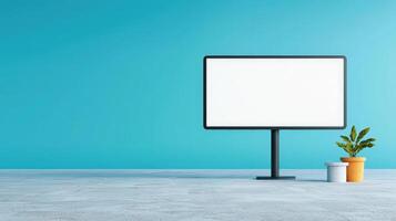 A white computer monitor sits on a concrete floor in front of a blue wall photo