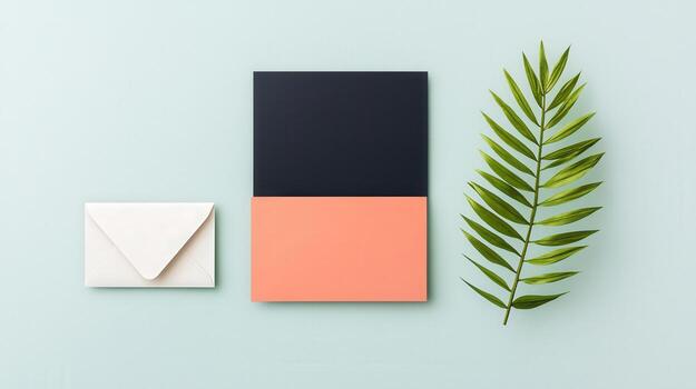 A white envelope sits on a table next to a pink and black card photo