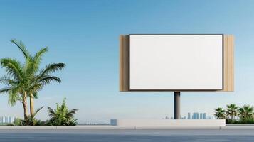 A large white billboard sits in front of a palm tree and a city skyline photo