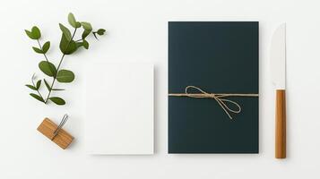 A white and black card with a green leaf on it, a knife, and a piece of string photo