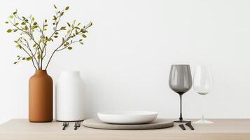 A table with a white plate, two wine glasses, and two vases photo