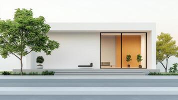 A minimal white house with a large window and a tree in front of it photo