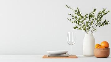A white table with a plate, a wine glass, and a bowl of oranges photo