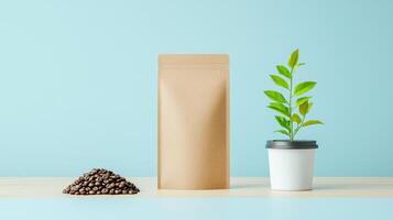 A brown bag with coffee beans and a plant in a white cup photo