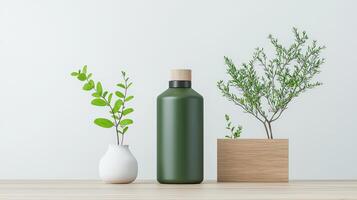 A green bottle sits on a table next to two white vases and a small tree photo