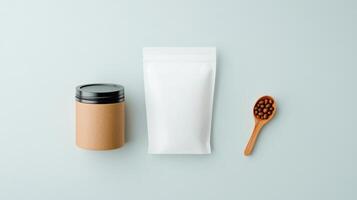 A white bag with a spoon and a jar of beans photo