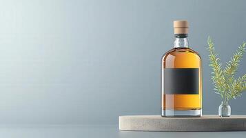 The bottle is made of clear glass and has a black label photo