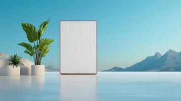 A white frame with a plant in it is on a beach photo