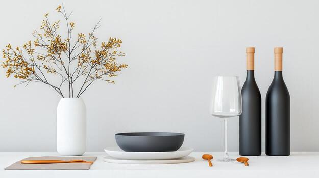 A table with a vase of flowers, a bowl, a wine glass, and two wine bottles photo