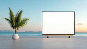 A large white sign is on a beach next to a palm tree photo