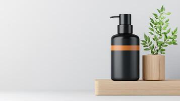 A black bottle of lotion sits on a wooden shelf next to a potted plant photo