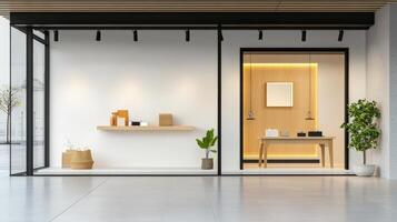 A store front with a white wall and a wooden shelf photo