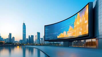 A large screen with a city in the background photo