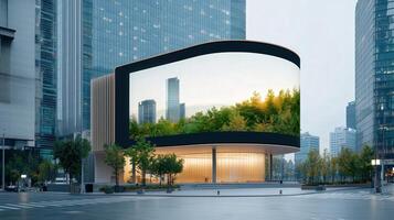 A minimal large building with a large window and a large sign that says Welcome photo