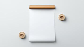 A white sheet of paper is on a table with a roll of tape and a cup photo