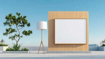 A white sign is on a wall next to a lamp photo