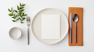 A white plate with a fork and spoon on it, and a napkin with a spoon on it photo