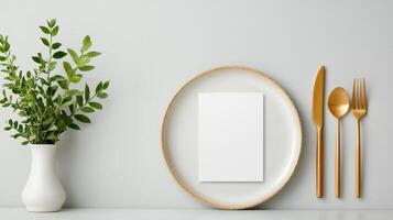 A minimalist white plate with a fork, knife and spoon on it photo