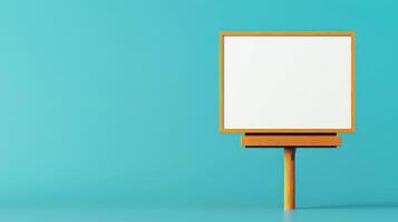 A white board with a wooden frame is standing on a blue background photo