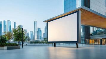 A minimal large white billboard sits in front of a building in a city photo