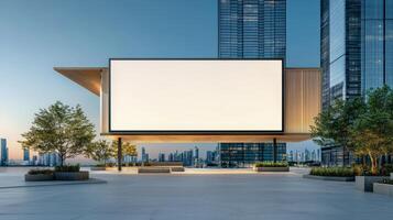 A large white billboard sits on a building in a city photo