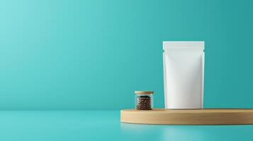 A white bag with a lid sits on a wooden table next to a jar of coffee beans photo