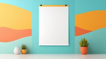 A white poster is hanging on a wall with a green plant in a pot photo