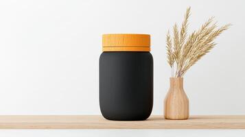 A black jar with a wooden lid sits on a shelf next to a vase of dried grass photo