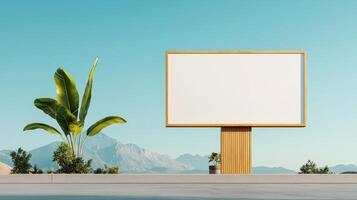A large white billboard sits on a concrete road next to a palm tree photo