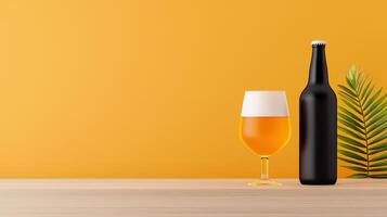 A bottle of beer and a glass of beer on a table photo