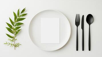 A white plate with a fork, knife, and spoon on it, and a leaf on the edge photo