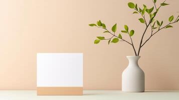 A white vase with a green leaf in it sits on a table next to a white sign photo