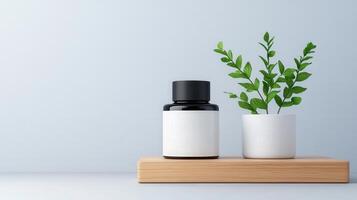 A white bottle and a potted plant sit on a wooden shelf photo