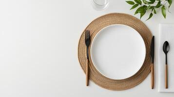 A white plate with a fork and knife on a wooden placemat photo