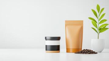 A white background with a brown bag and a black jar of coffee beans photo