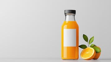 A glass bottle of orange juice with a white label on it photo