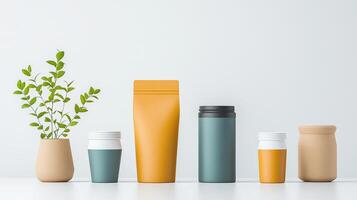 A row of containers with a plant in the middle photo
