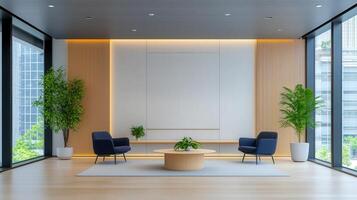 A modern office space with a white wall and wooden paneling photo