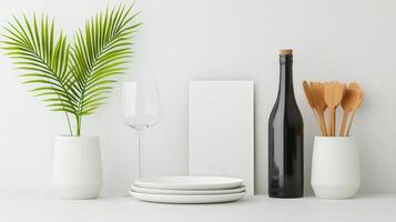 A white plate is on a table next to a bottle and a spoon photo